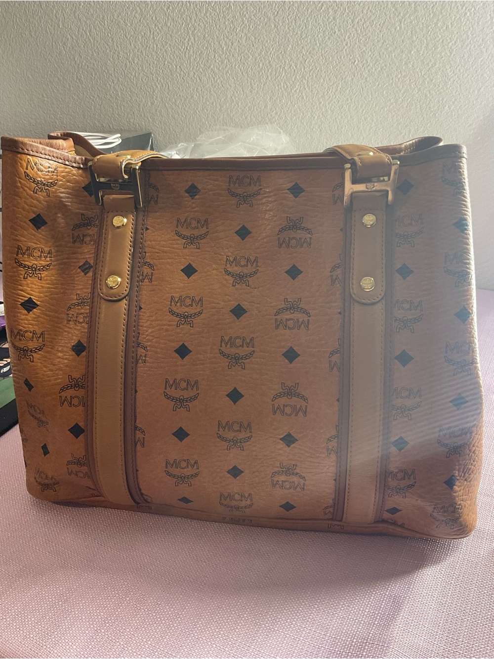 MCM Cognac Visetos Monogram Tote with Gold Plate - Picture 2 of 6